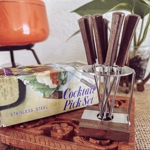 Vintage 1960's  Hors d'oeuvres Cocktail Fork Charcuterie Set of 10 with Stand
